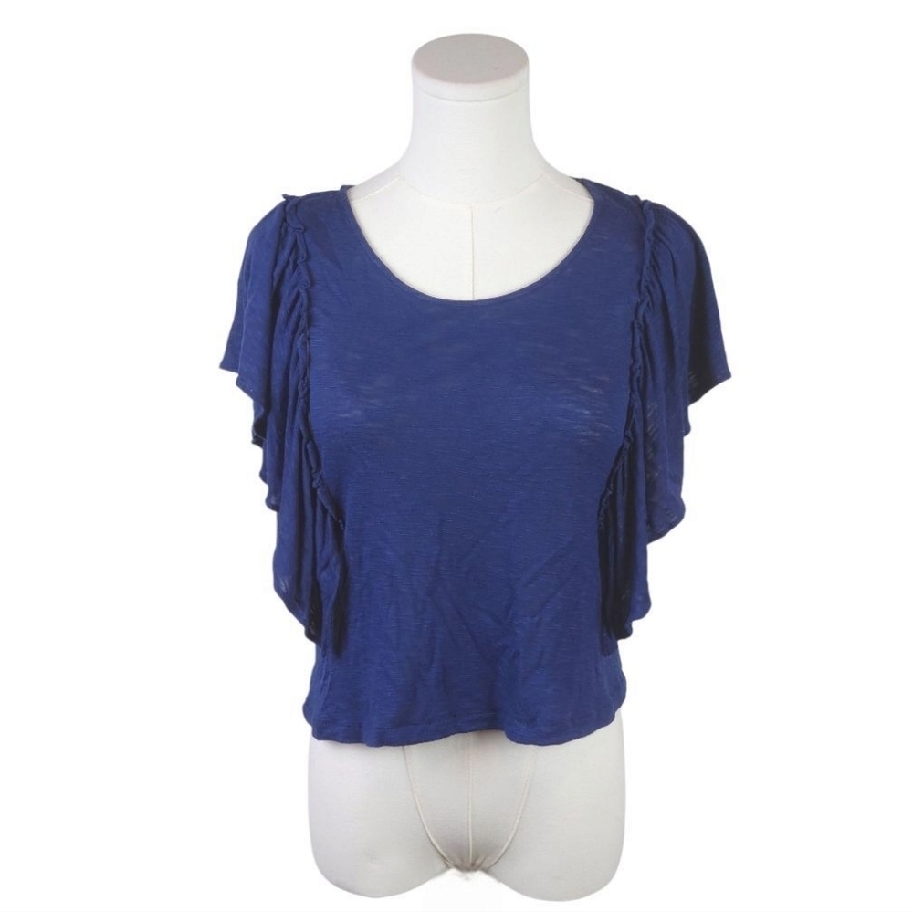 a.n.a XS Navy Flutter Sleeve Slub Knit Top Ruffle Boho Romantic Tee